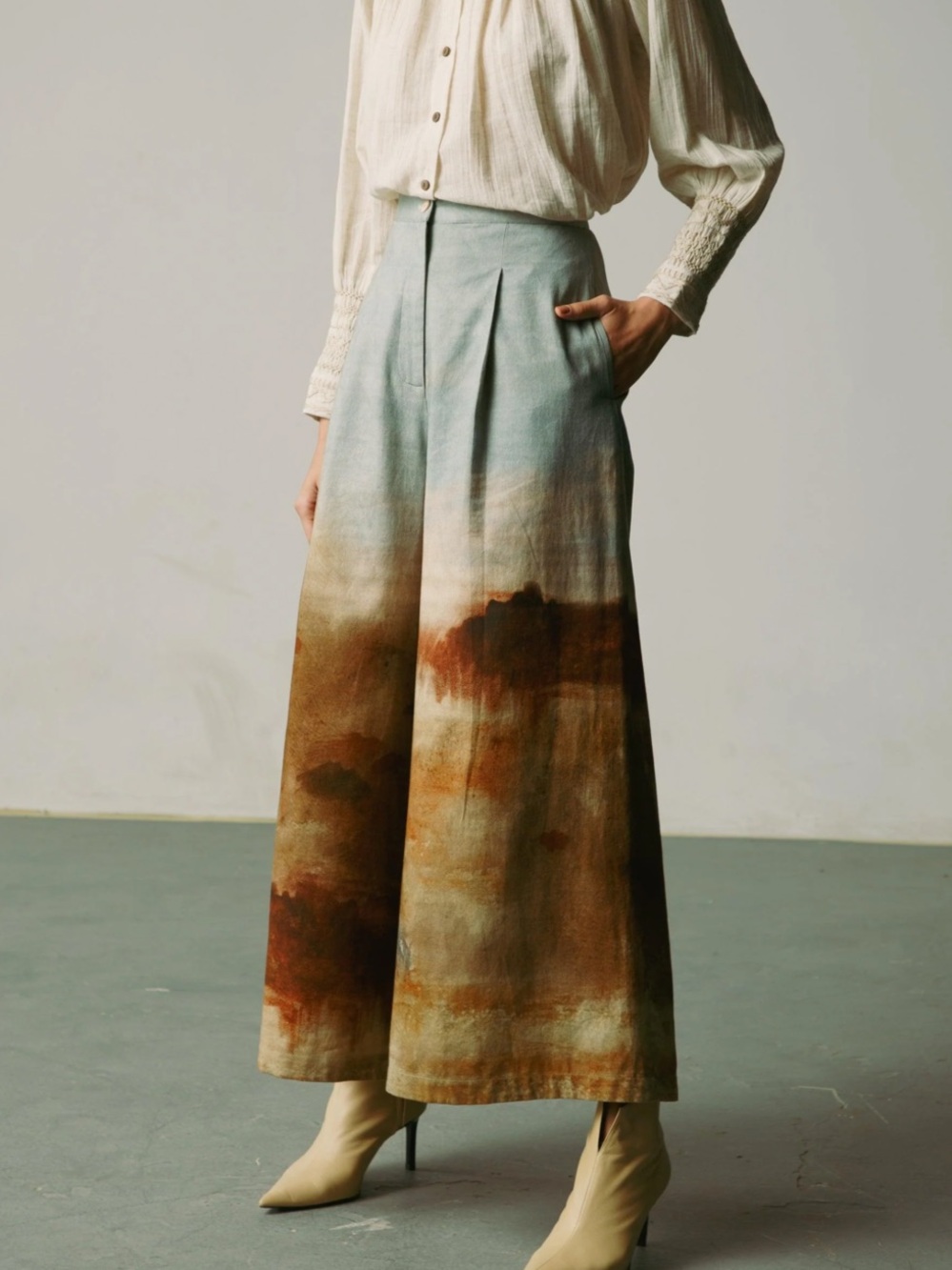 CORD Wide Leg Pants BLOTCH PRINT Cropped High Rise Cotton Size Medium M *
